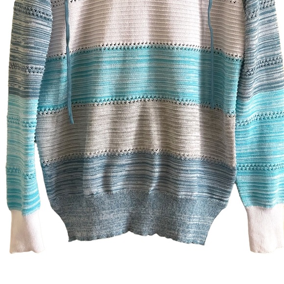Lightweight color block blue, white & gray long sleeve striped hoodie - Picture 4 of 14